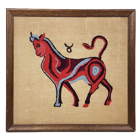 Mid-Century Taurus Zodiac Crewel Artwork