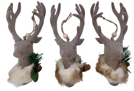 Trio of 7” Cocoa Velveteen Reindeer Holiday Ornaments