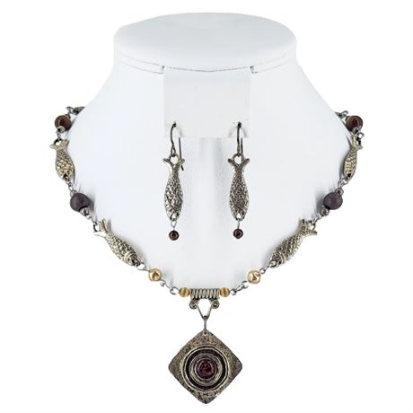 Vintage Silver Tone Fish & Brown Beaded Necklace & Earrings Set