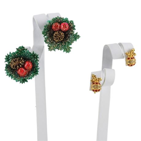 Two Pairs Vintage Christmas Clip Earrings