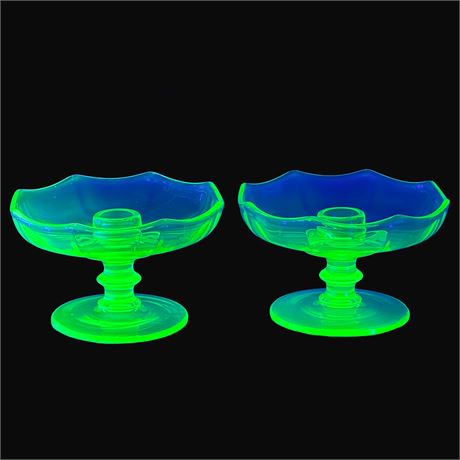 Pair of Vintage Uranium Depression Glass Candle Holders