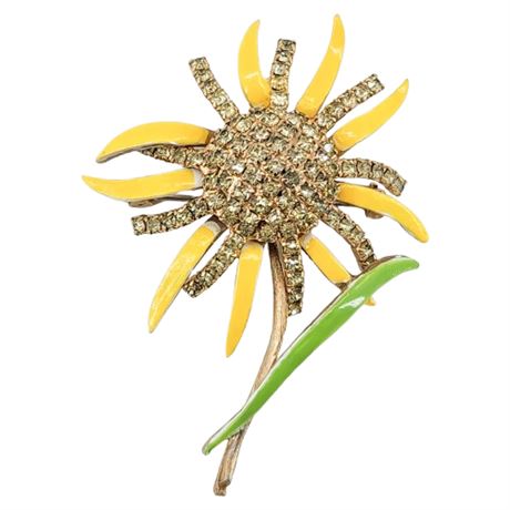 Vintage WEISS Rhinestone & Enamel Flower Brooch