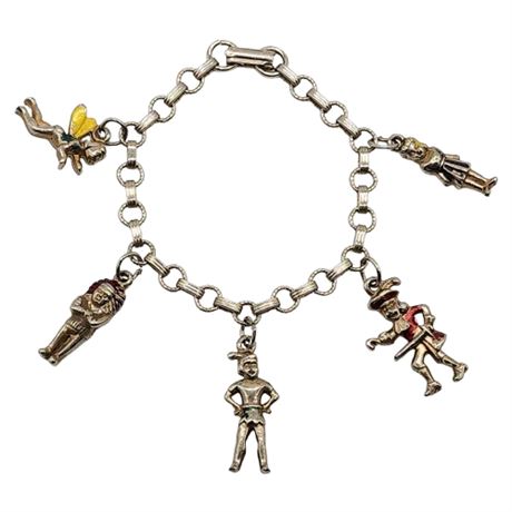 Vintage Peter Pan Themed Silver Tone Charm Bracelet