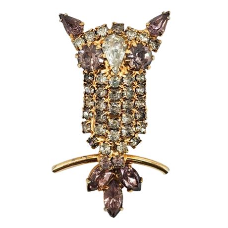 Vintage Prong Set Rhinestone Owl Brooch