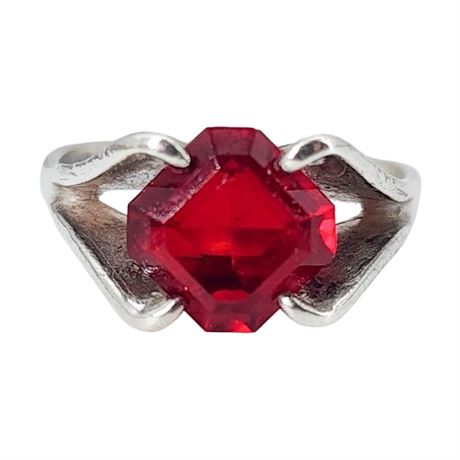 Vintage ESPO Sterling Silver Red Paste Stone Ring, Sz 4