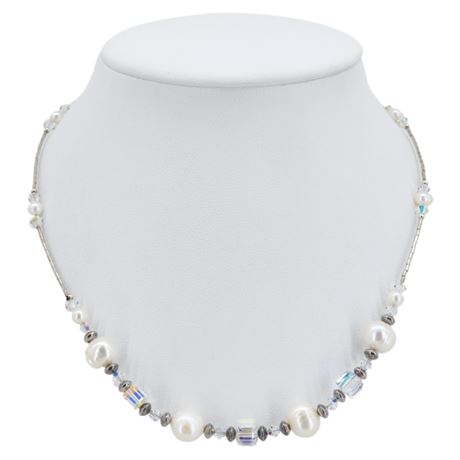 Artisan Made Sterling Silver, Freshwater Pearl, Aurora Borealis Crystal Necklace