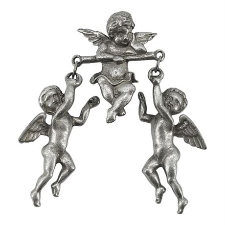 Signed Vintage Articulated Pewter Cherubs Brooch