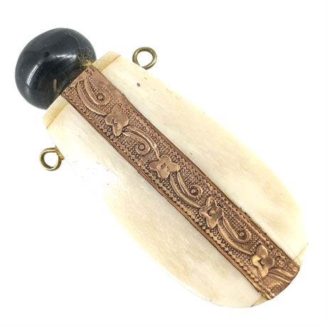 Antique Chatelaine Perfume / Scent Bottle Pendant – Bone with Copper Decoration