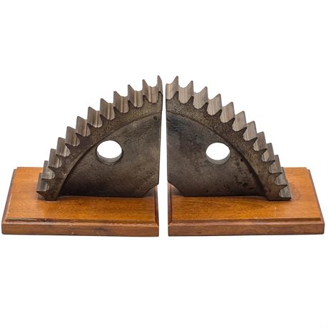 Antique Solid Steel Gear Repurposed as Sculptural Bookends