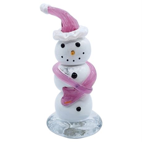 Hand Blown Art Glass Snowman w/ Pink Hat & Scarf Figurine