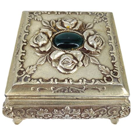 Vintage Gold Tone Jewelry / Trinket Box — Rose Relief with Green Cabochon, Japan