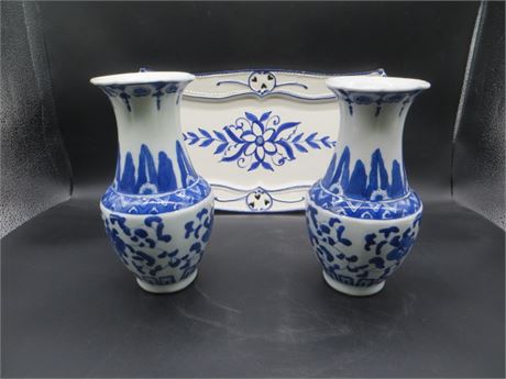 Hand Painted Tray from Portugal & Pr. Floral Blue & White Vases