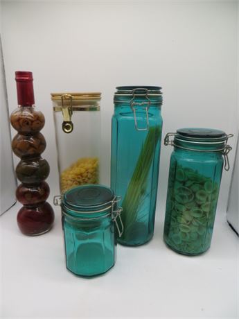 3 Retro Deep Turquoise Panelled Glass Jars