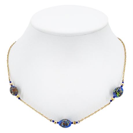 Vintage Gold Tone Murano Style Art Glass Satellite Bead Necklace