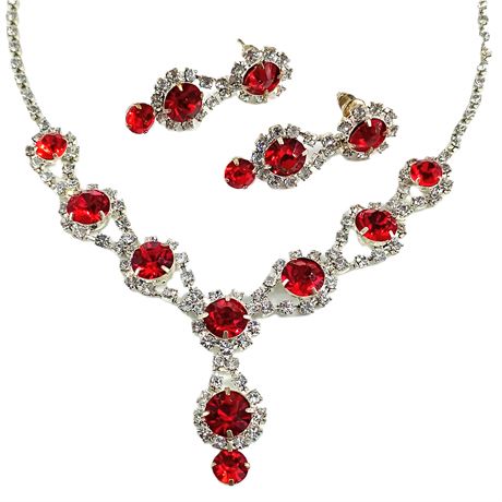 Vintage Coronet Red Rhinestone Necklace & Earrings Set