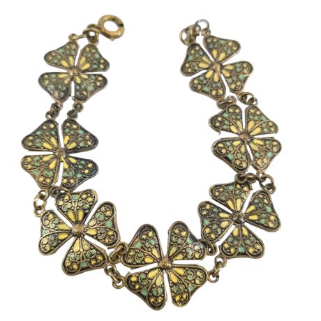 Golden Meadow Butterfly Bracelet Vintage Enamel Filigree Floral Links