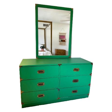 Green Painted Campaign Dresser & Mirror