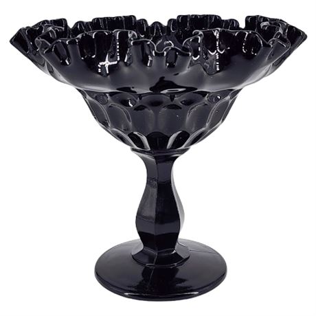 Vintage FENTON Thumbprint Black Amethyst Double Crimped Compote