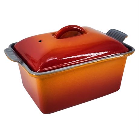 Vintage Belgian Orange Flame Enameled Cast Iron Covered Mini Loaf Pan