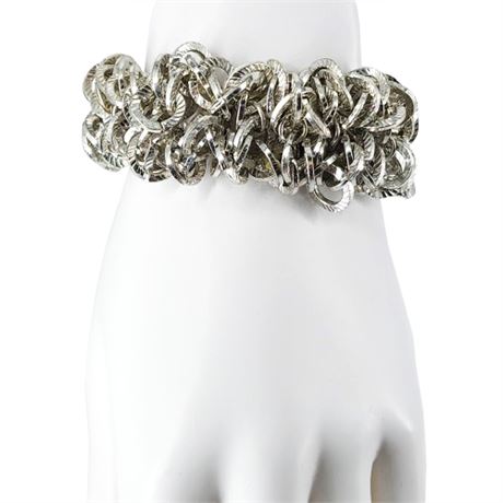 Vintage Textured Silver Tone Links Stretch Bracelet