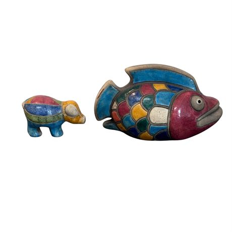 Raku Art Pottery Tropical Fish and Pig