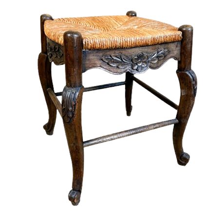 Vintage Carved Rush Seat Bench