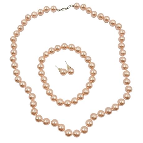 Faux Pink Pearl Necklace, Bracelet and Stud Earring Set