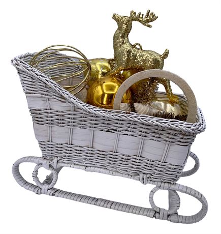 Vintage Gold & Silver Glass Ornaments in White Wicker Sleigh