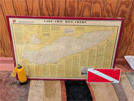Dive Themed Lot Large Framed Lake Erie Dive Chart + Sign + Citizen Tank
