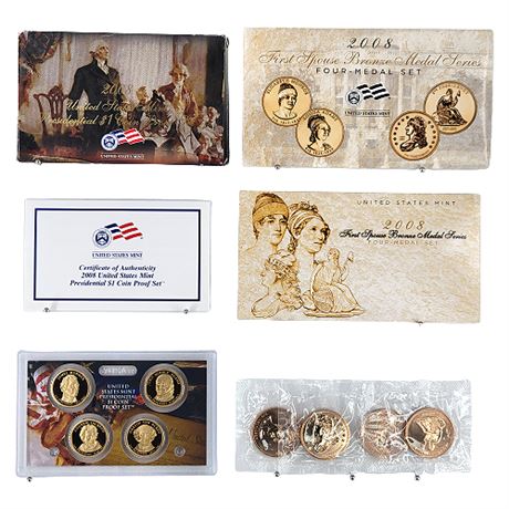 2008 US Mint Presidential Dollar Proof Set + First Spouse Bronze Medal Set