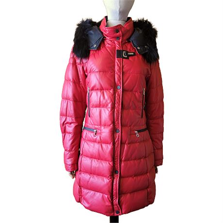 AFG 1972 Red Quilted Leather Down Fill Hooded Parka