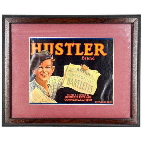 Framed Early 1900s Hustler Brand Fruit Crate Label