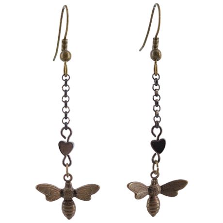 Artisan Made Antiqued Brass Bumble Bee Heart Earrings