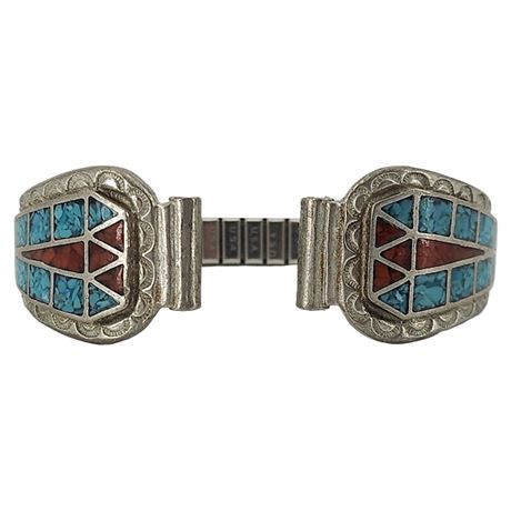 Vtg Native American Style Crushed Turquoise & Coral Watch Band