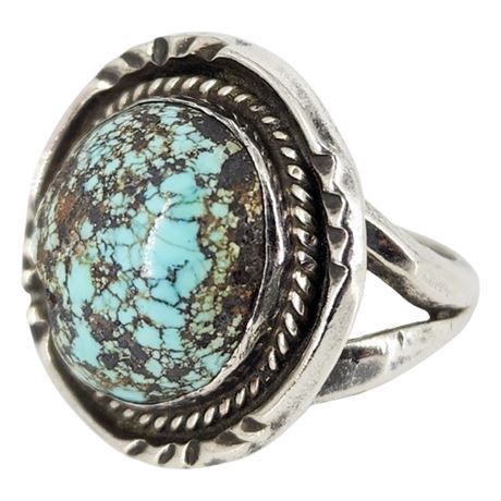 Vintage Native American Sterling Silver Number 8 Turquoise Ring, Sz 7