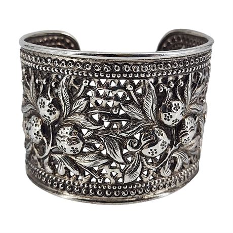 Wide Sterling Silver Repousse Floral Cuff Bracelet
