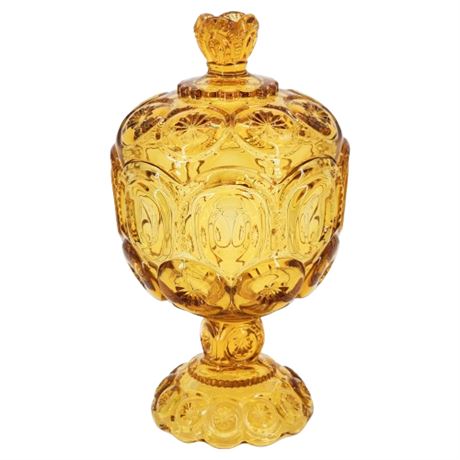 Vintage L.E. Smith Moon & Stars Amber Glass Lidded Compote, Flawed