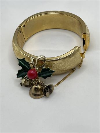Goldtone hinged bangle bracelet, and Xmas brooch  lot
