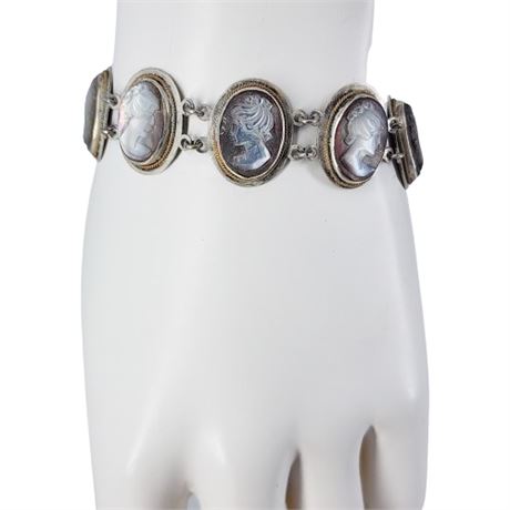 Unsigned Sterling Silver Carved Abalone Cameo Bracelet