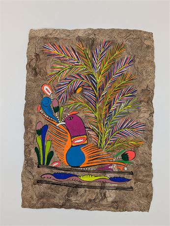 Mexican Folk Art Amate Bark Painting Aztec Bird Peacock Handmade