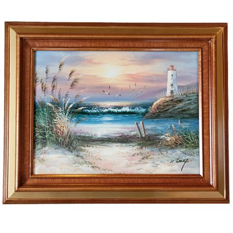 H. Gailey Sunrise at the Lighthouse Framed Oil Canvas Painting