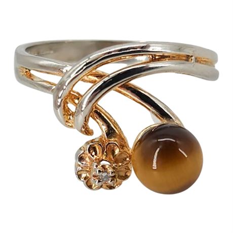 Vtg Sterling Silver Tiger's Eye & Diamond Ring, Sz 7, Flawed