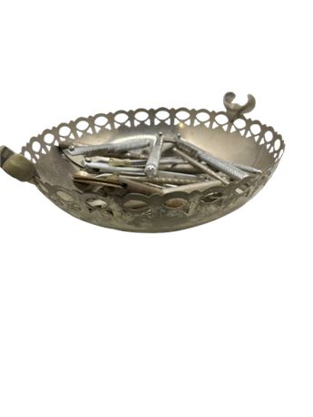 Silver plate bowl with vintage nut crackers sets