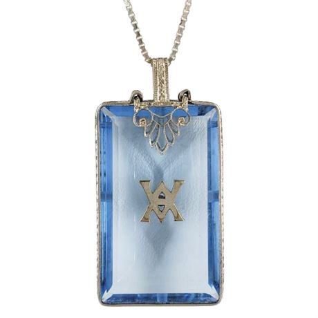 Vintage Art Deco Sterling Silver Ice Blue Glass Pendant Necklace