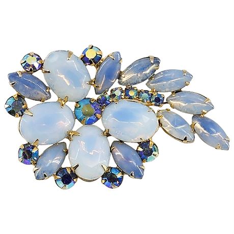 Large Vintage Ice Blue Aurora Borealis & Opalescent Rhinestone Brooch