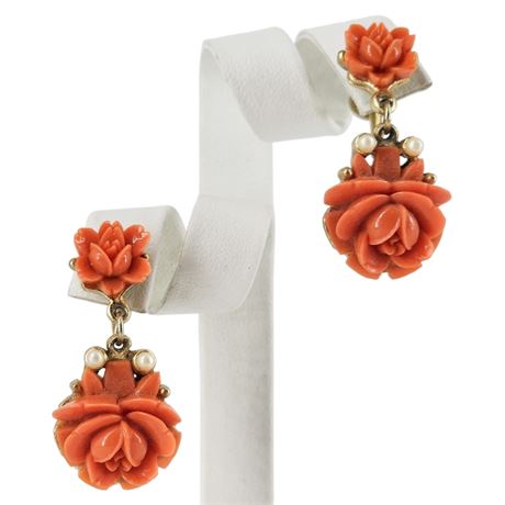 Vintage Japan Faux Coral Celluloid Roses Screwback Earrings