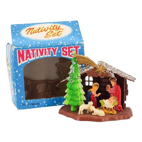 Vintage Miniature Hard Plastic Nativity Set in Original Box