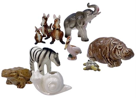 10 Miniature Porcelain & Rubber Animal Figurines & Hippo Coin Bank