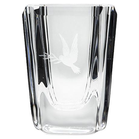Signed Vintage Skruf "Peace Dove" Etched Swedish Crystal Bud Vase