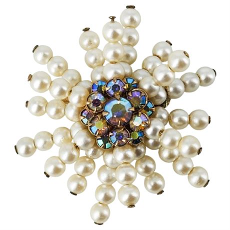 Vintage Atomic Burst Faux Pearl & Aurora Borealis Rhinestone Brooch